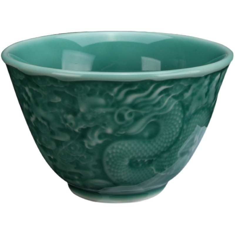ceașcă de ceai Celadon cu relief dragon și phoenix, glazură verde prune, stil antic chinezesc, pentru uz casnic