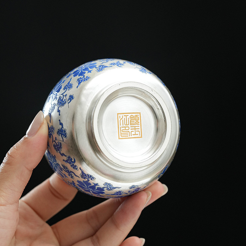 Ceșă de ceai din argint cu email bleu-alb, pentru uz casnic, stil chinezesc nou