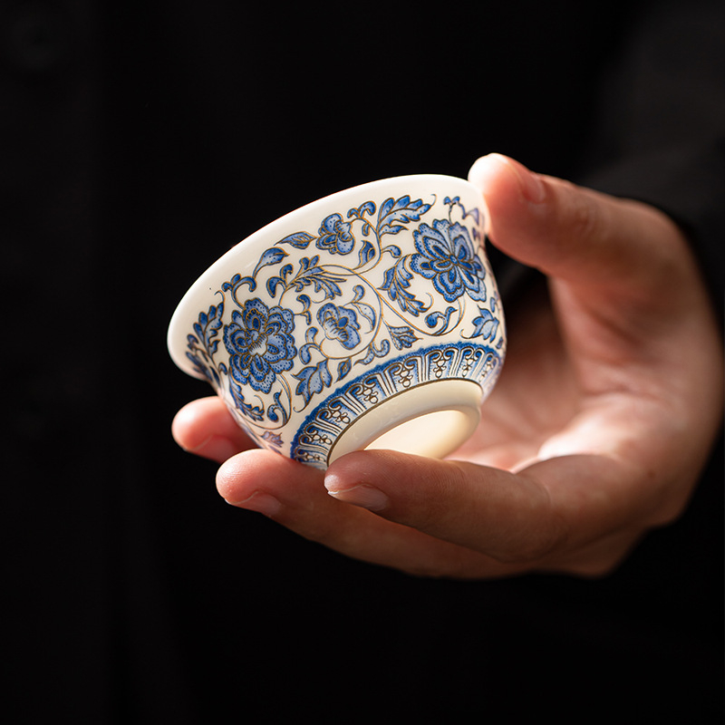 ceașcă de ceai din porțelan albastru și alb cu motiv lotus, ceramică de înaltă calitate, lux discret, ceașcă de ceai personală