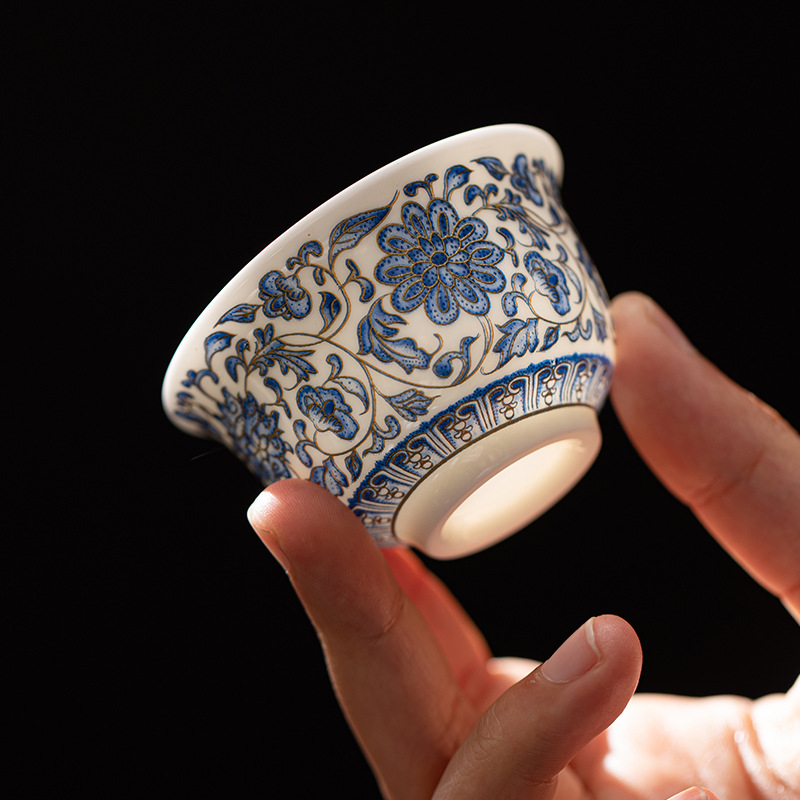 ceașcă de ceai din porțelan albastru și alb cu motiv lotus, ceramică de înaltă calitate, lux discret, ceașcă de ceai personală