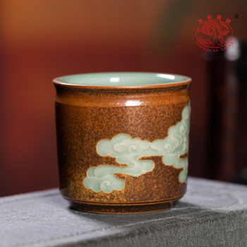 Ceainic Kung Fu din Longquan Celadon, ceramică, lucrat manual, cu o singură ceașcă, cu nor norocos și inel pentru deget