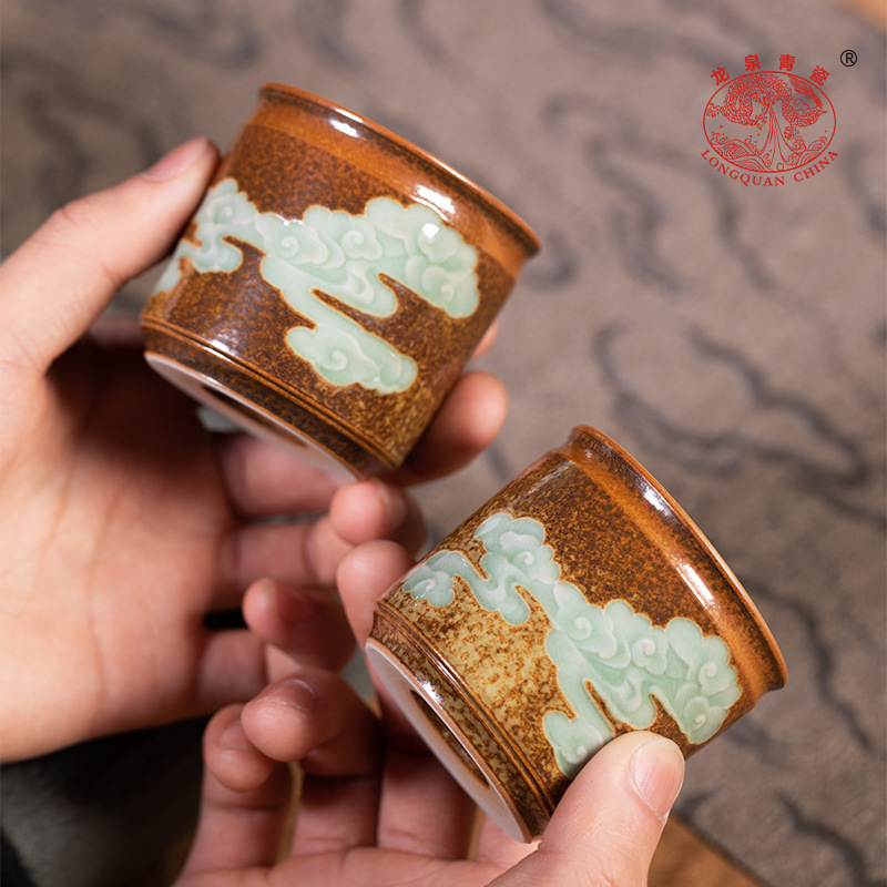 Ceainic Kung Fu din Longquan Celadon, ceramică, lucrat manual, cu o singură ceașcă, cu nor norocos și inel pentru deget