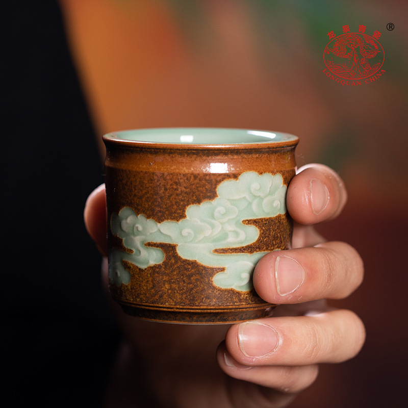 Ceainic Kung Fu din Longquan Celadon, ceramică, lucrat manual, cu o singură ceașcă, cu nor norocos și inel pentru deget