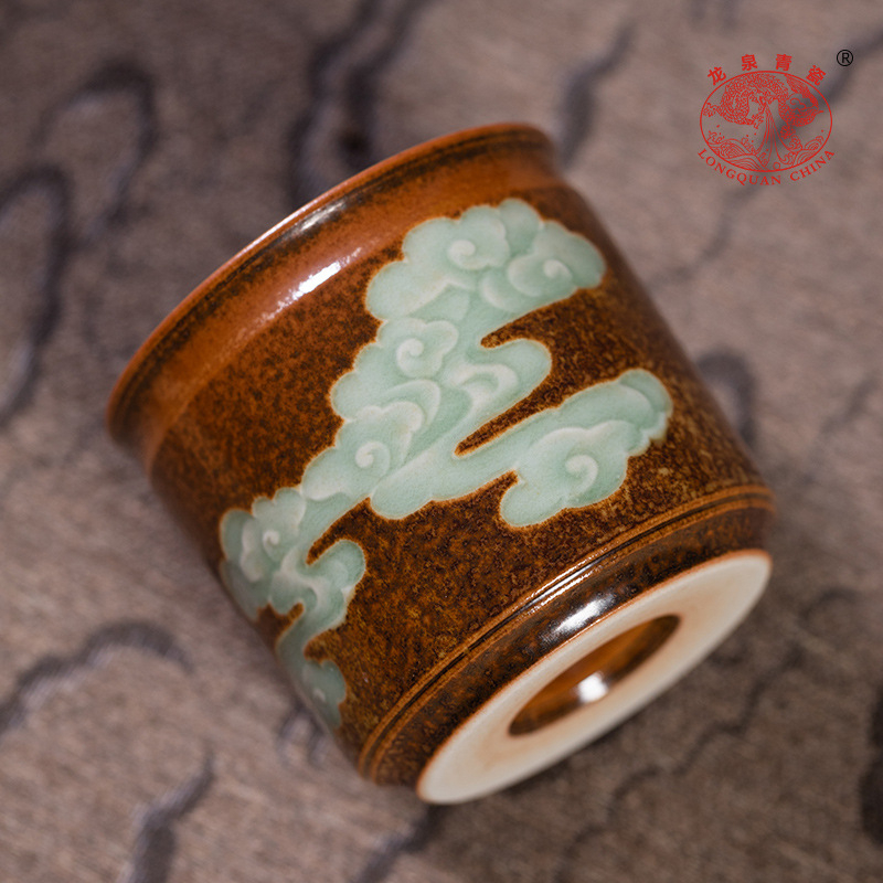Ceainic Kung Fu din Longquan Celadon, ceramică, lucrat manual, cu o singură ceașcă, cu nor norocos și inel pentru deget