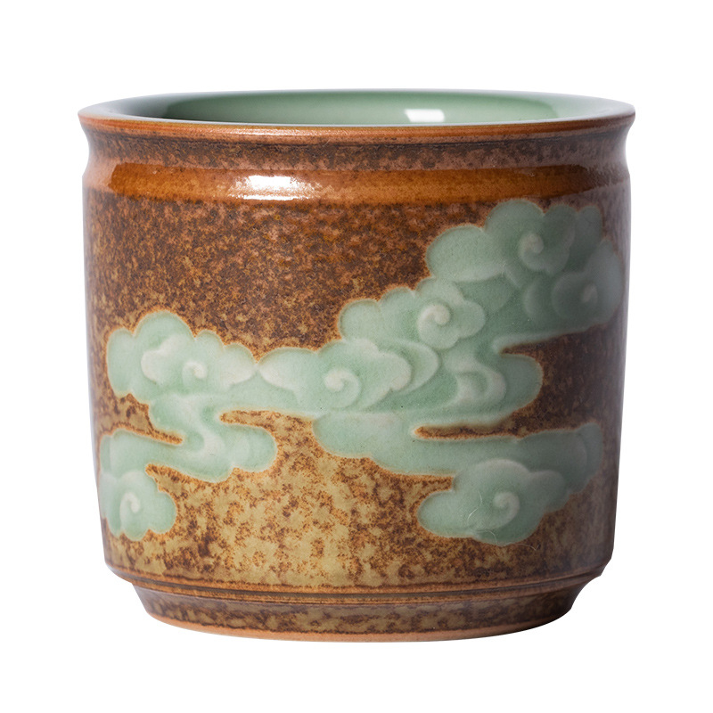 Ceainic Kung Fu din Longquan Celadon, ceramică, lucrat manual, cu o singură ceașcă, cu nor norocos și inel pentru deget