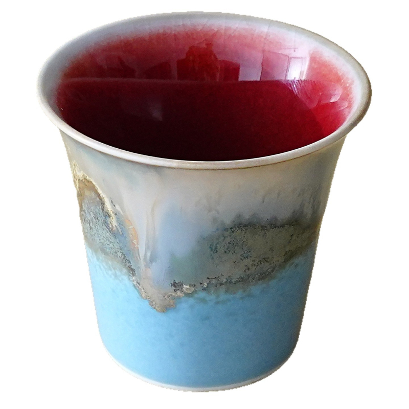 Ceșcuță de ceai ceramică, lucrată manual, cu motiv peisaj în glazură de cuptor, recipient personal pentru degustarea aromelor ceaiului