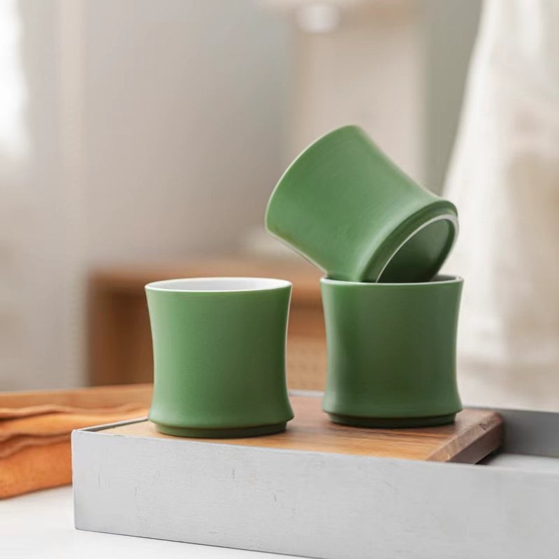 Set de ceai din porțelan cu design în stil bambus; căni mari și ceainic cu mâner – stil clasic