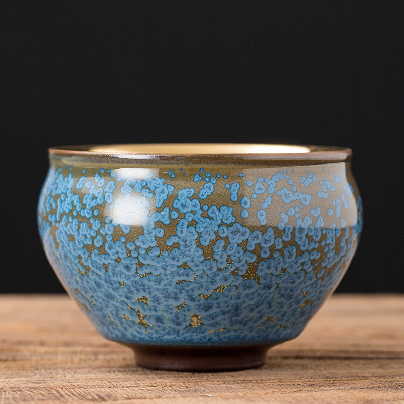 Soong Yu Ceașcă de ceai Jianzhan aurie, ceramică cu glazură Tenmoku, ceașcă mare cu placare aurie, set de ceai pentru o singură ceașcă, stil retro lejer