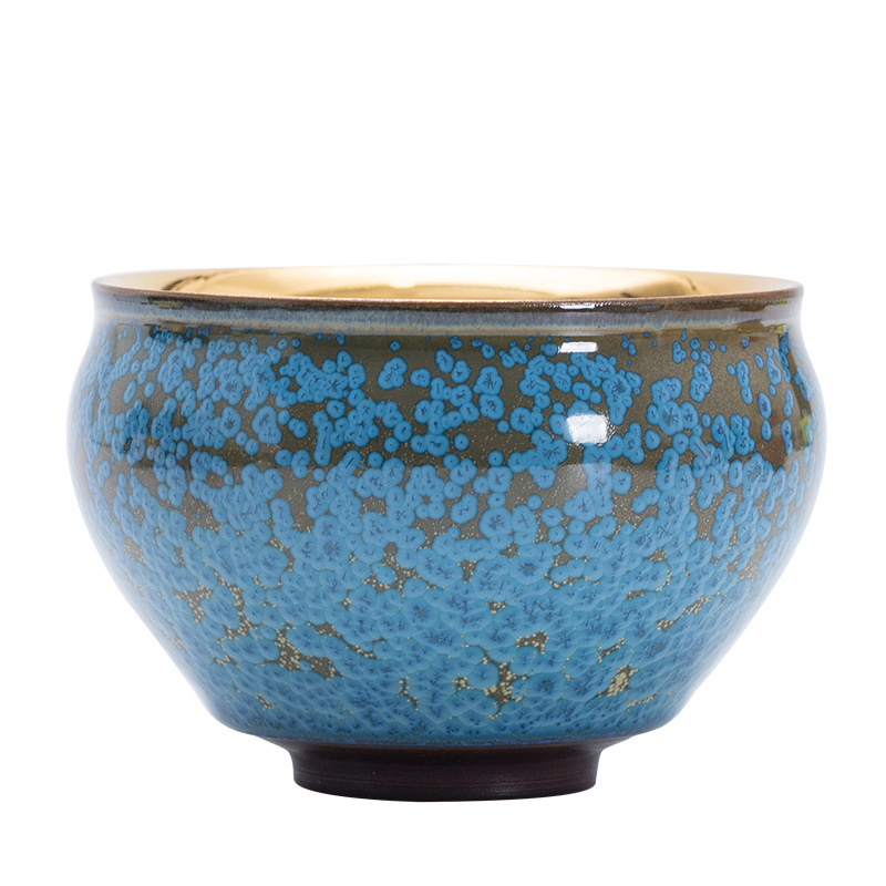 Soong Yu Ceașcă de ceai Jianzhan aurie, ceramică cu glazură Tenmoku, ceașcă mare cu placare aurie, set de ceai pentru o singură ceașcă, stil retro lejer