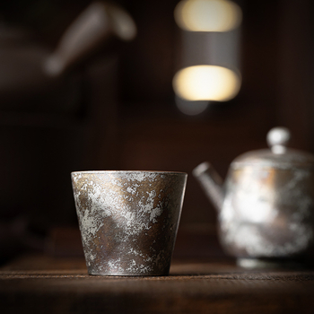 Ceașcă în stil japonez, cu foiță de argint pe ceramică brută, vintage, realizată manual, ceașcă mare de ceai pentru uz casnic