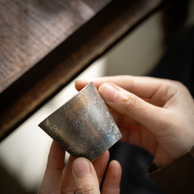 Ceașcă în stil japonez, cu foiță de argint pe ceramică brută, vintage, realizată manual, ceașcă mare de ceai pentru uz casnic