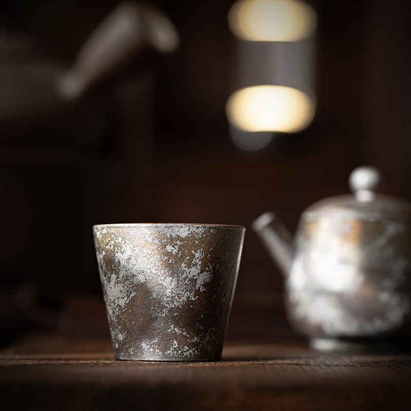 Ceașcă în stil japonez, cu foiță de argint pe ceramică brută, vintage, realizată manual, ceașcă mare de ceai pentru uz casnic