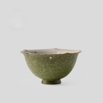 Ceașcă elegantă pentru ceremonia ceaiului, glazură portocaliu-verde și design floral auriu, glazură chineză tradițională, pictură manuală, ceașcă cu picior înalt, motiv de bambus