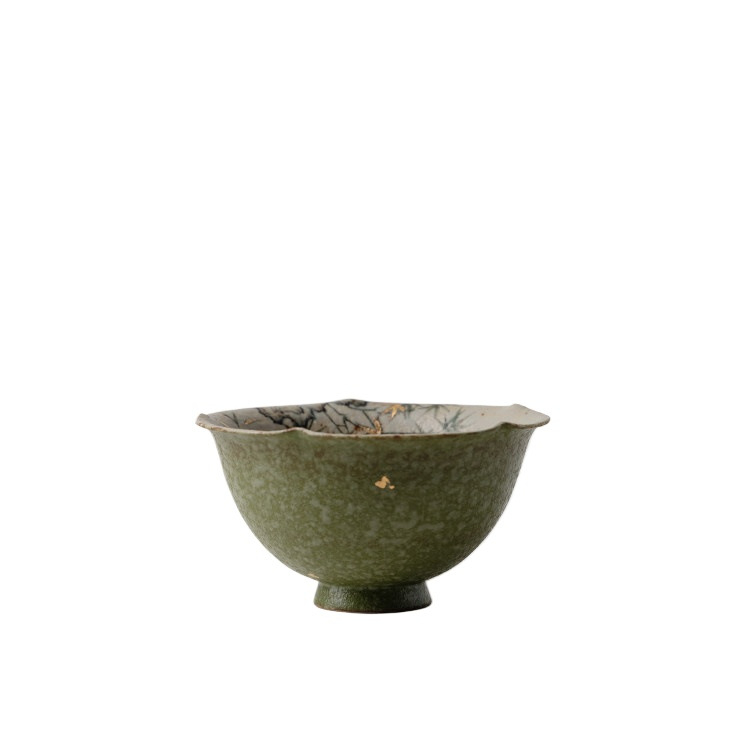 Ceașcă elegantă pentru ceremonia ceaiului, glazură portocaliu-verde și design floral auriu, glazură chineză tradițională, pictură manuală, ceașcă cu picior înalt, motiv de bambus