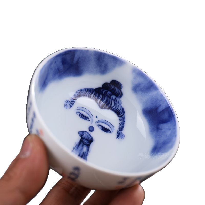 Căniță ceramică cu figurină, Pu'er albastru-alb, ceașcă personală de degustare, parte a setului de ceai