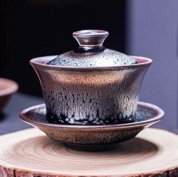 Set ceramic de ceai Gaiwan Jianzhan – trei piese, glazură oil-drop