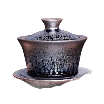 Set ceramic de ceai Gaiwan Jianzhan – trei piese, glazură oil-drop