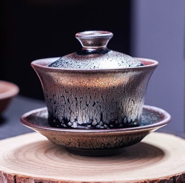 Set ceramic de ceai Gaiwan Jianzhan – trei piese, glazură oil-drop