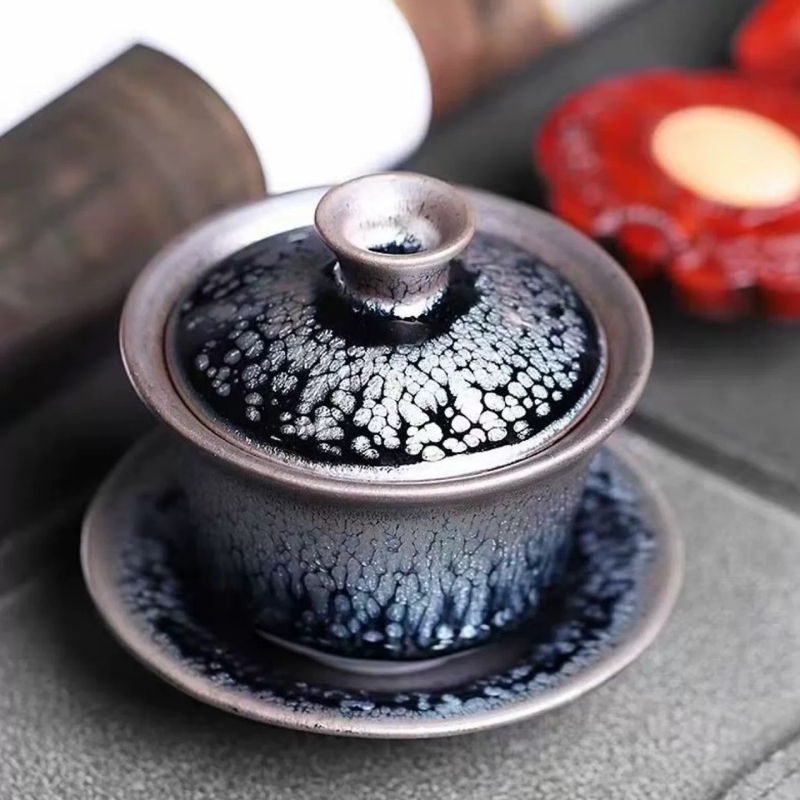 Set ceramic de ceai Gaiwan Jianzhan – trei piese, glazură oil-drop