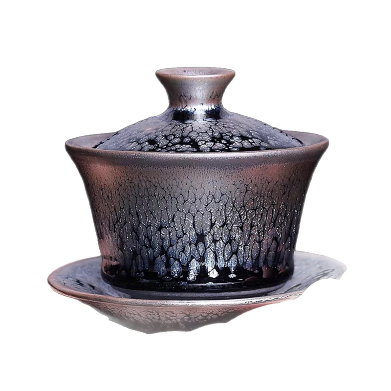 Set ceramic de ceai Gaiwan Jianzhan – trei piese, glazură oil-drop