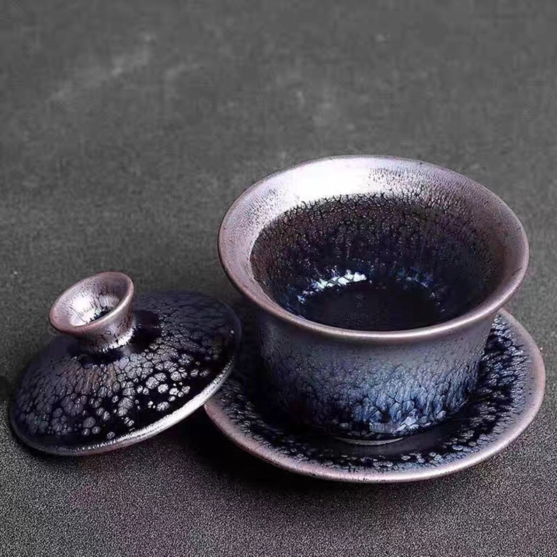 Set ceramic de ceai Gaiwan Jianzhan – trei piese, glazură oil-drop
