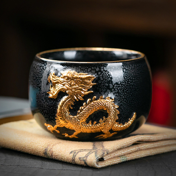 Ceșcuță de ceai din porțelan, zodiac Dragon Year, relief cu aur, Jianzhan Master Cup în cutie cadou