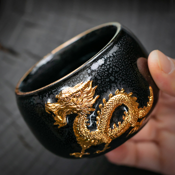 Ceșcuță de ceai din porțelan, zodiac Dragon Year, relief cu aur, Jianzhan Master Cup în cutie cadou