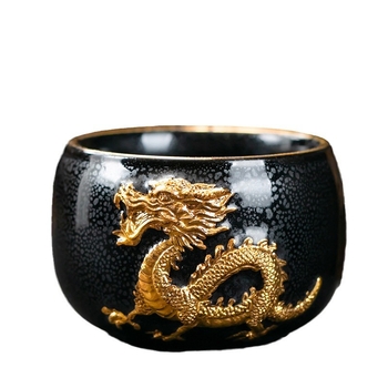 Ceșcuță de ceai din porțelan, zodiac Dragon Year, relief cu aur, Jianzhan Master Cup în cutie cadou