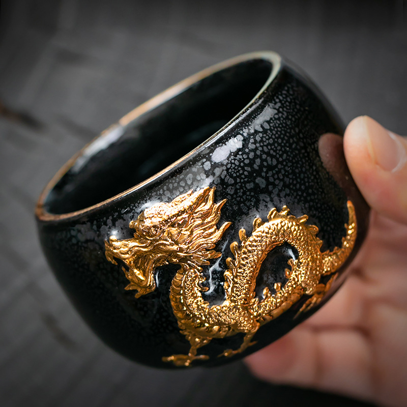 Ceșcuță de ceai din porțelan, zodiac Dragon Year, relief cu aur, Jianzhan Master Cup în cutie cadou