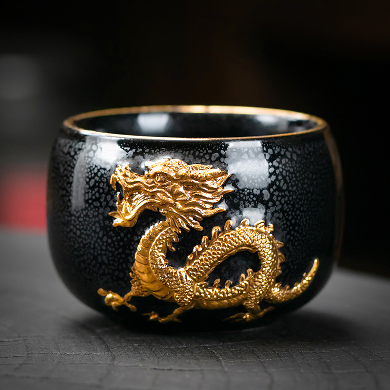 Ceșcuță de ceai din porțelan, zodiac Dragon Year, relief cu aur, Jianzhan Master Cup în cutie cadou