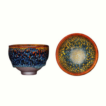Set de două cești lucrate manual, cu păun auriu-albastru, în cutie cadou, căni ceramice pentru ceai
