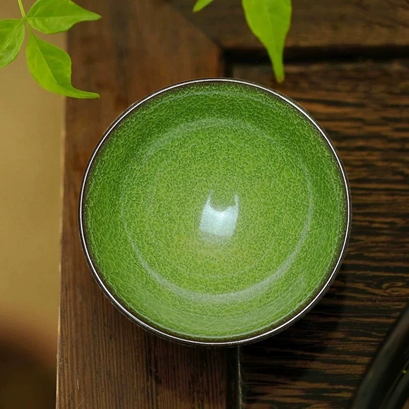 Ceașcă de ceai Jianzhan cu glazură verde smarald și crăpături de gheață, ceramică cu corp din fier pentru uz personal, stil modern minimalist