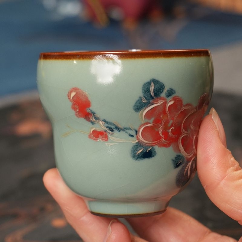 Ceșcuță Ruqing cu filigran, floare crabapple, formă calabash, glazură emailată
