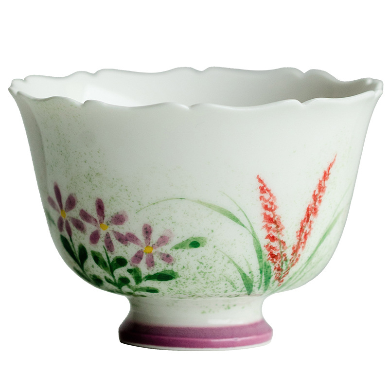 Ceașcă de ceai din ceramică, pictată manual, cu picior înalt și motiv de petale în verde, unisex