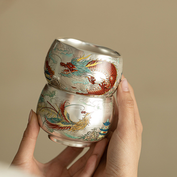 Set cești de ceai în stil palat Jingdezhen, dragon și phoenix, argint placat cu aur, pereche de cești – cadou pentru vârstnici și lideri