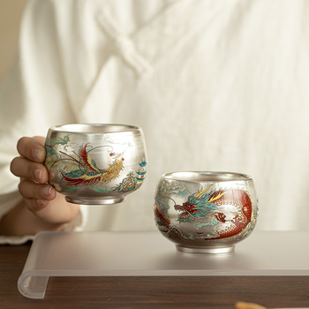 Set cești de ceai în stil palat Jingdezhen, dragon și phoenix, argint placat cu aur, pereche de cești – cadou pentru vârstnici și lideri