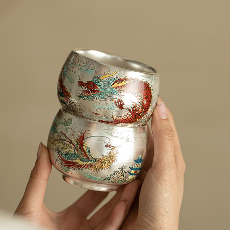 Set cești de ceai în stil palat Jingdezhen, dragon și phoenix, argint placat cu aur, pereche de cești – cadou pentru vârstnici și lideri