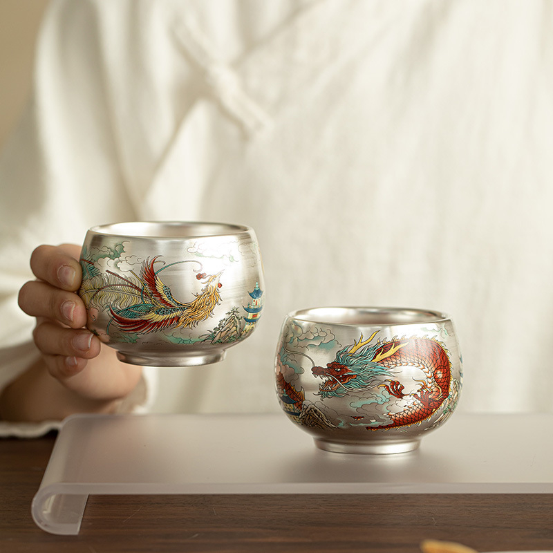 Set cești de ceai în stil palat Jingdezhen, dragon și phoenix, argint placat cu aur, pereche de cești – cadou pentru vârstnici și lideri