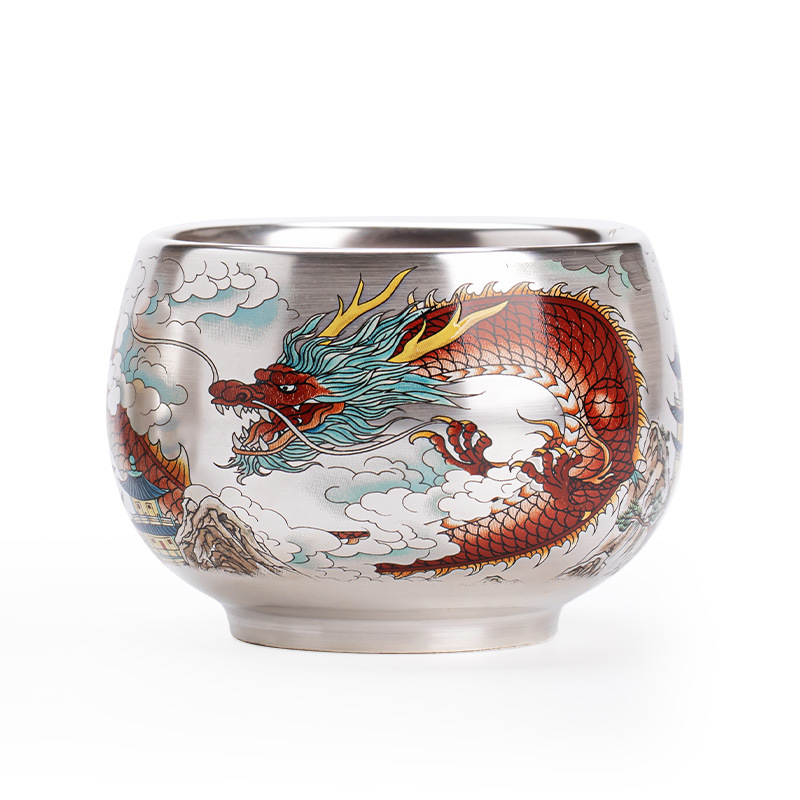 Set cești de ceai în stil palat Jingdezhen, dragon și phoenix, argint placat cu aur, pereche de cești – cadou pentru vârstnici și lideri