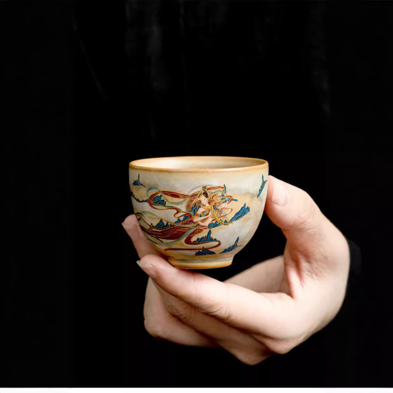 Ceșcuță de ceai din porțelan cu Apsari zburători din Dunhuang, stil chinezesc Gongfu, pentru uz casnic