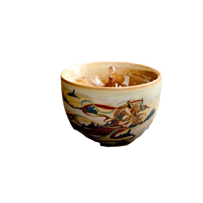 Ceșcuță de ceai din porțelan cu Apsari zburători din Dunhuang, stil chinezesc Gongfu, pentru uz casnic