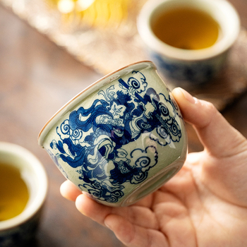 Dehua Chai Kiln ceașă de ceai, pictură manuală albastru‑alb, Monkey King, degustare premium