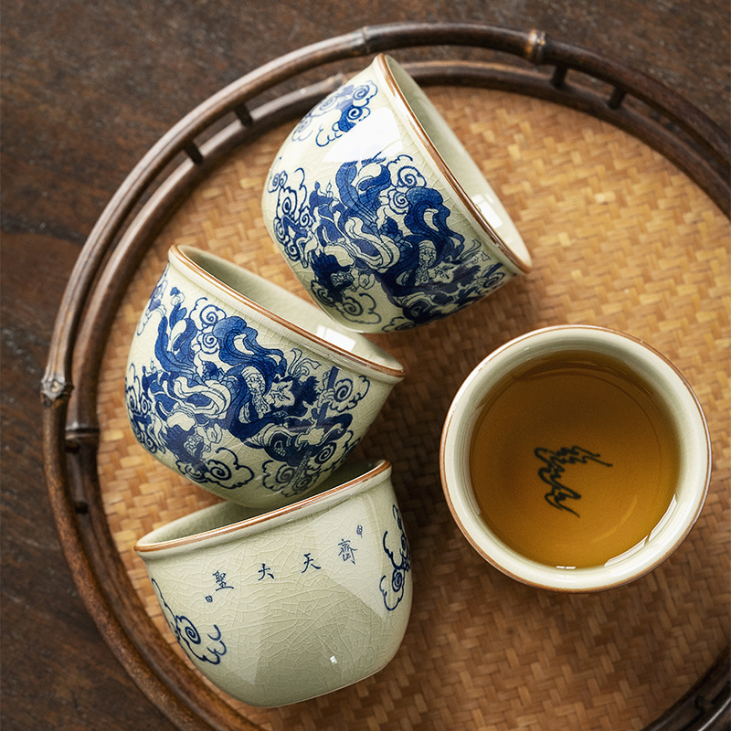 Dehua Chai Kiln ceașă de ceai, pictură manuală albastru‑alb, Monkey King, degustare premium