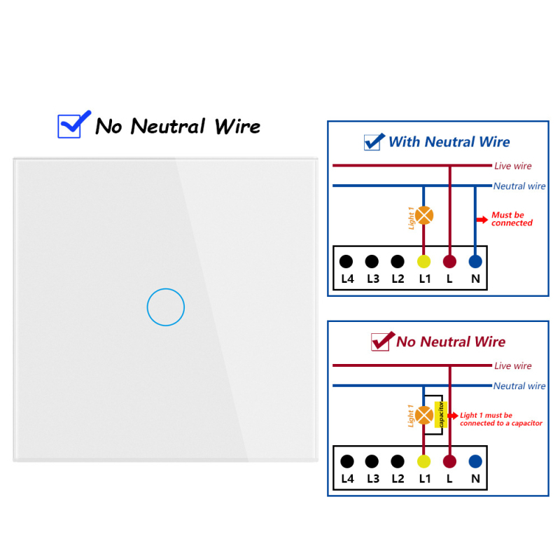 Comutator tactil plat, tip 86, rezistent la apă și la foc, protecție la scurtcircuit, necesită conductor neutru, panou în standard european