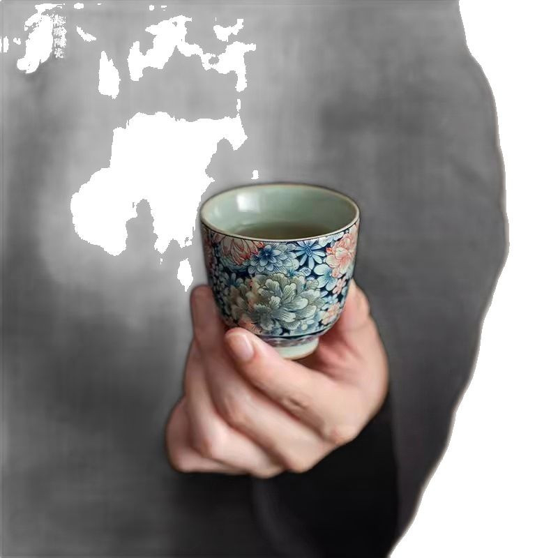 Ceașcă de ceai în stil chinezesc Ru kiln, cu model floral și glazură crăpată, pentru uz personal, porțelan de înaltă calitate