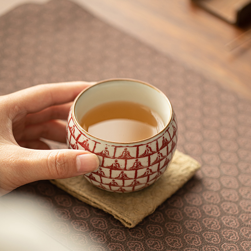 Ceșă unică din porțelan Ru Kiln, cu glazură crackle și motiv Dunhuang – Mii de Buddha, pentru ceai Gongfu, ceramică, acasă sau la birou