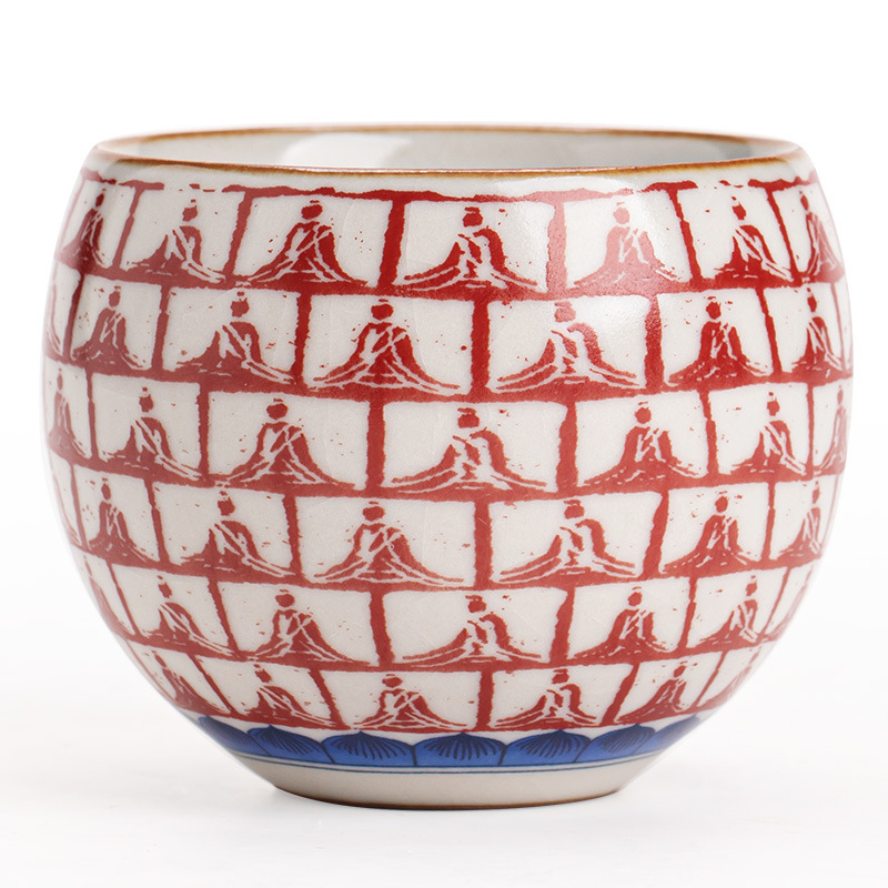 Ceșă unică din porțelan Ru Kiln, cu glazură crackle și motiv Dunhuang – Mii de Buddha, pentru ceai Gongfu, ceramică, acasă sau la birou