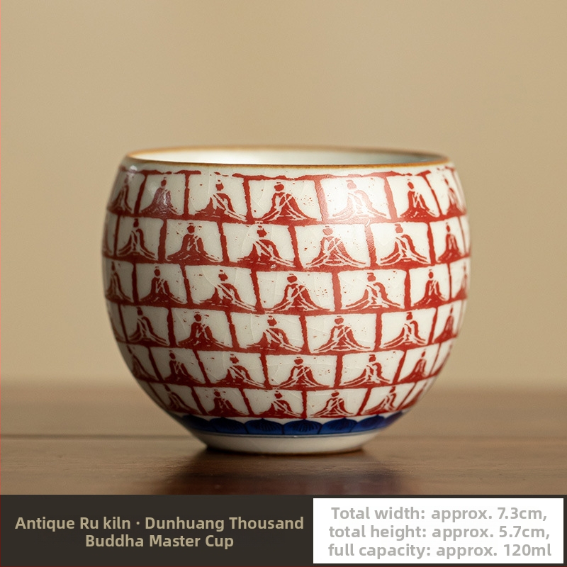 Ceșă unică din porțelan Ru Kiln, cu glazură crackle și motiv Dunhuang – Mii de Buddha, pentru ceai Gongfu, ceramică, acasă sau la birou
