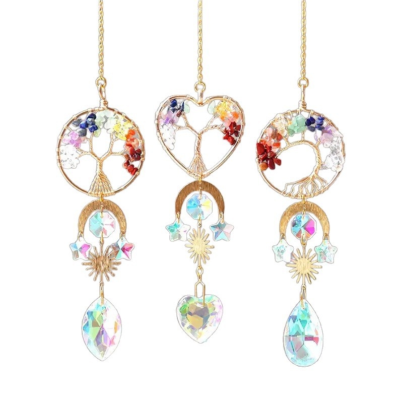 Arborele Vieții – carillon de cristal, decor pentru ferestre și pereți, prindător de soare, ornament de grădină, handmade, 39 cm, stil modern minimalist
