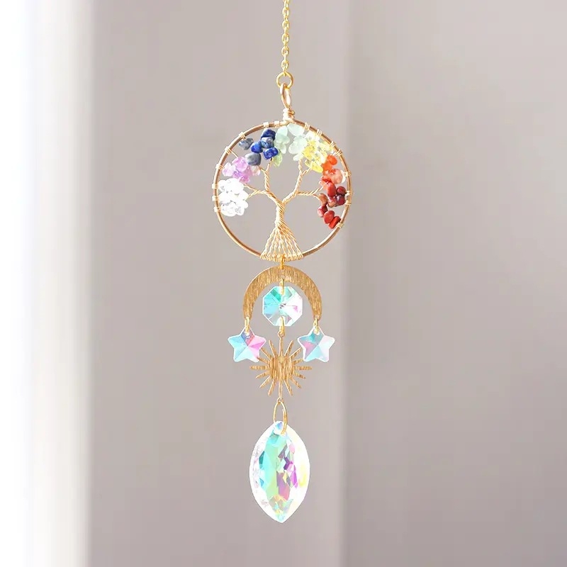 Arborele Vieții – carillon de cristal, decor pentru ferestre și pereți, prindător de soare, ornament de grădină, handmade, 39 cm, stil modern minimalist